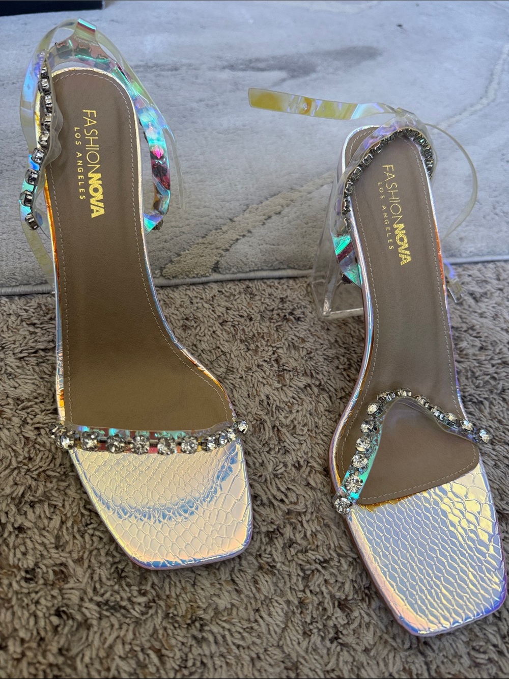 Fashion Nova Iridescent Crystal Strap Heels - Holographic Silver